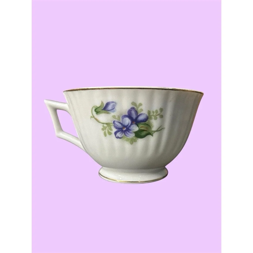 VTG Purple Violet Teacup Saucer Made in Japan Gold Trim Swirl Floral Mid Century